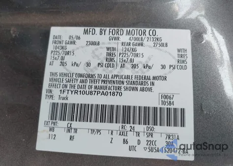 2007 Ford Ranger Sport/Stx/Xl/Xlt из США, поврежденный, VIN 1FTYR10U87PA01870